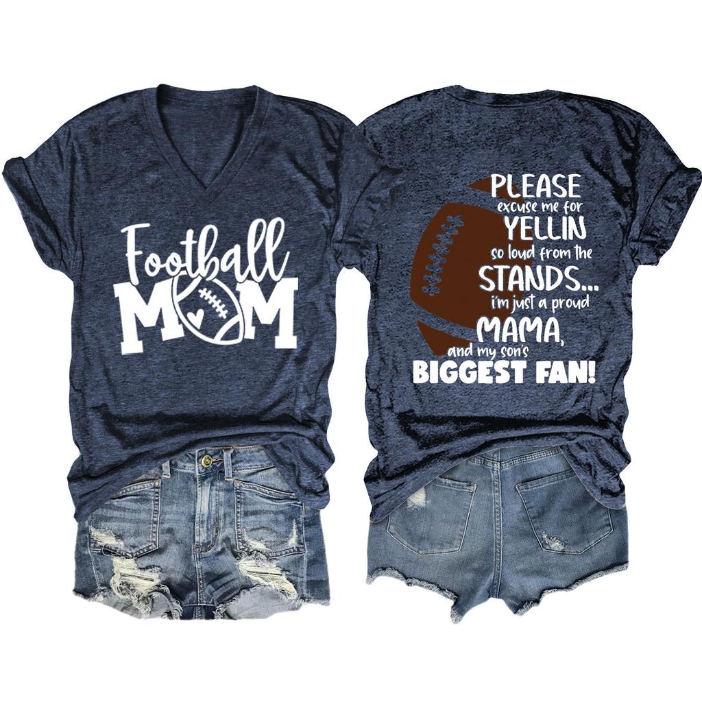 Summer new Vneck Tshirt Football Mom print loose casual shortsleeved top ladies all fashion pullover