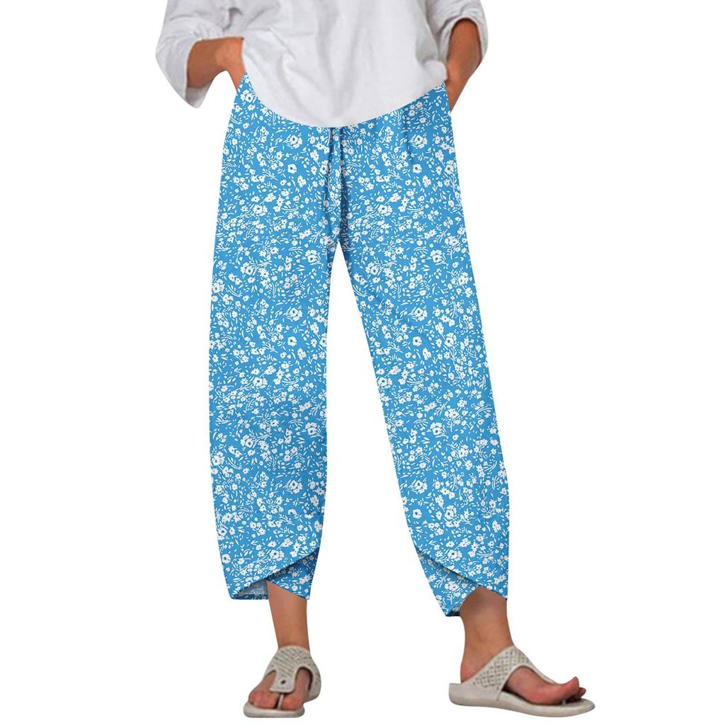Pants For Women Summer Casual Wide Leg Elastic Waist Print Pants With Pockets