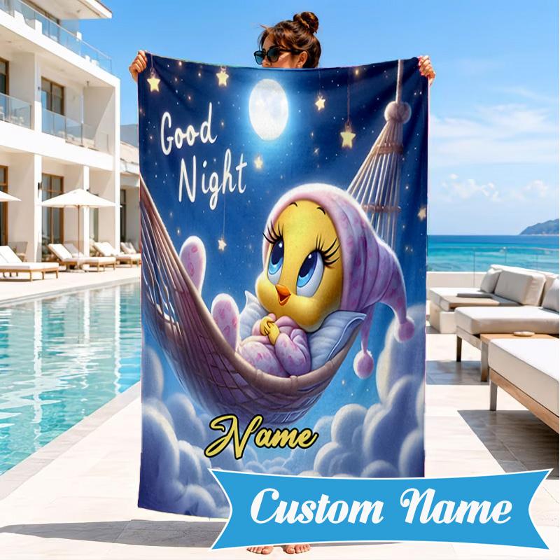 Custom Name Good Night Yellow Bird Heart In Space Adventure Microfiber Beach Towel, Lightweight for Summer Travel, Swimming Pool Fan Gift