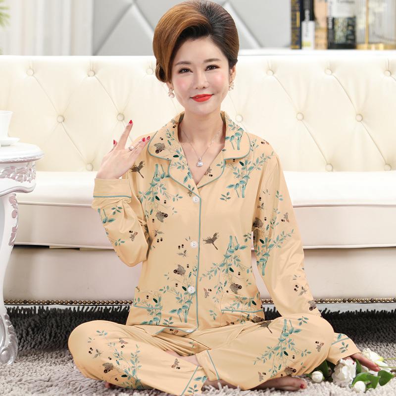 Frühlings- und Herbstpyjama Damen Imitationsbaumwolle langärmelig dünn hochwertig reiche Blume Mutter Loungewear-Set