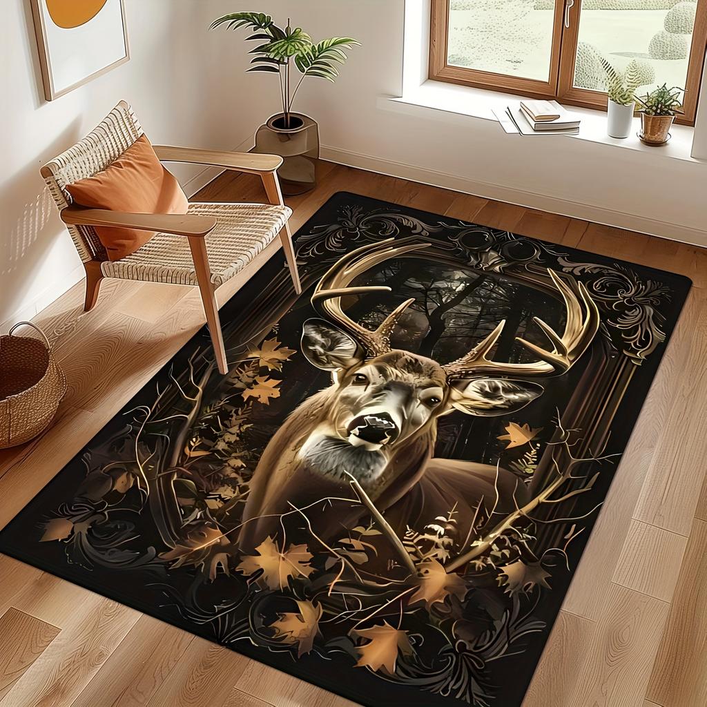 Vintage Autumn Deer Print Non-Slip Area Rug, Soft Flannel Carpet for Living Room Bedroom Entryway Study Game Room Decor
