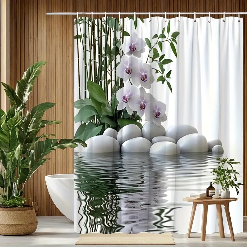 Zen Orchid & Bamboo Print Shower Curtain With White Pebbles - Reflective Polyester Fabric, Includes 12 Hooks, Machine Washable,
