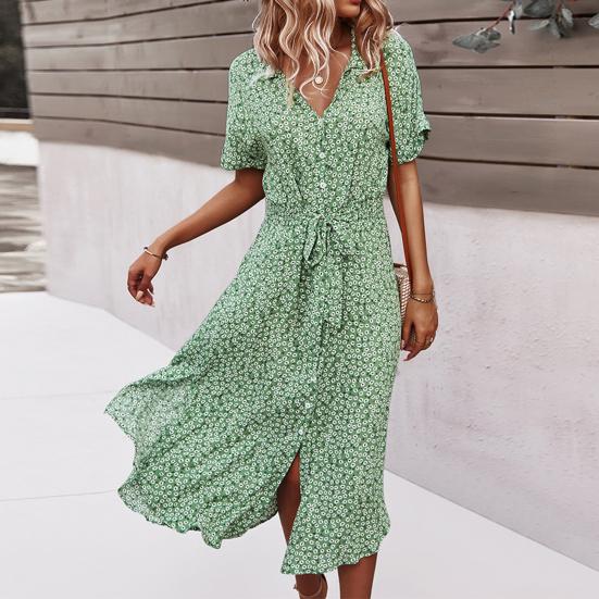 Women Dress Floral Print Breathable Cotton Blend Sexy V-Neck Midi Dress for Beach
