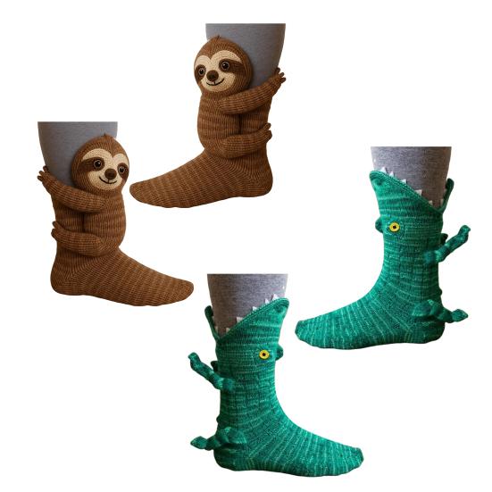 2 Pairs 3D Knit Animal Socks Hand Crocheted Animal Doll Socks Sloth Cute Warm Winter Socks for Men Women Animal Lovers Gifts