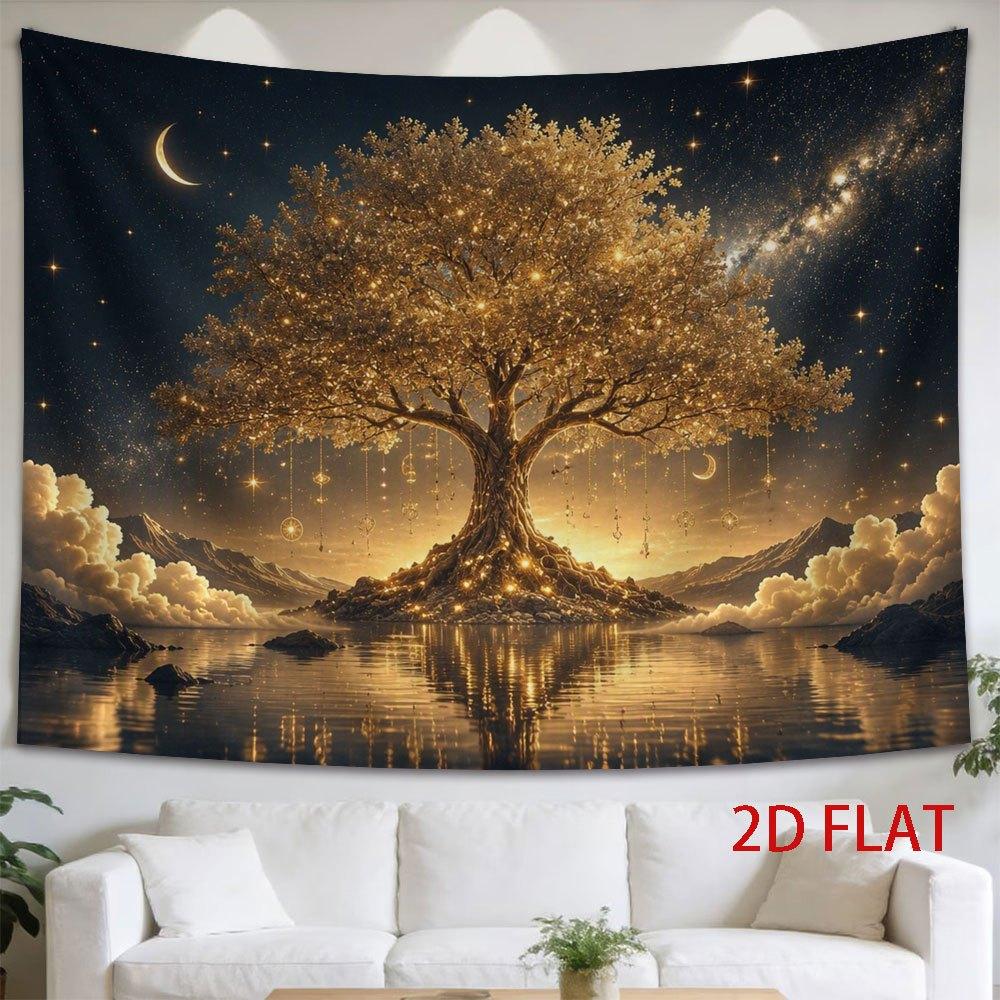 2D Flat, 1pc 2D Flat Tapestry Under the Stars and Moon, a Divine Tree Glows Brilliantly, Its Reflection Shimmering on the Tranquil Lake., 2D Flat