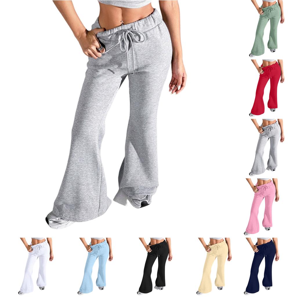 Ladies Fashion Loose Draw String Waist Solid Color Cargo Pants Leisure Flares
