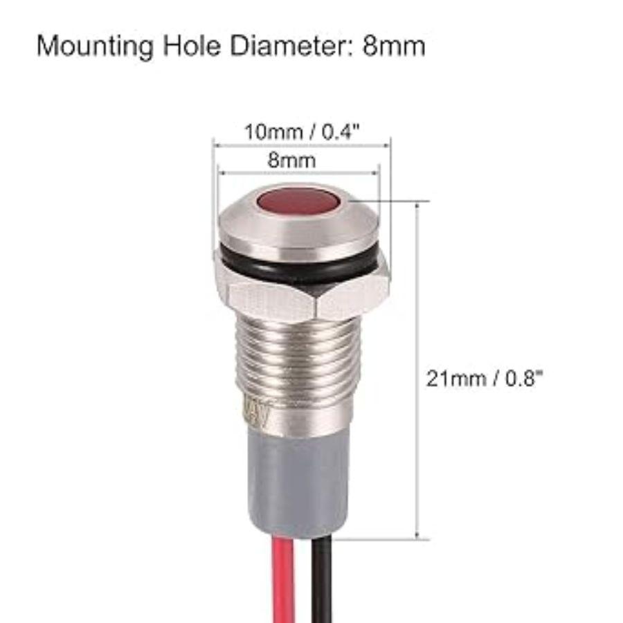 Signal Indicator Lights AC/DC 12V-24V 8mm Panel Mount Red LED Waterproof Meta