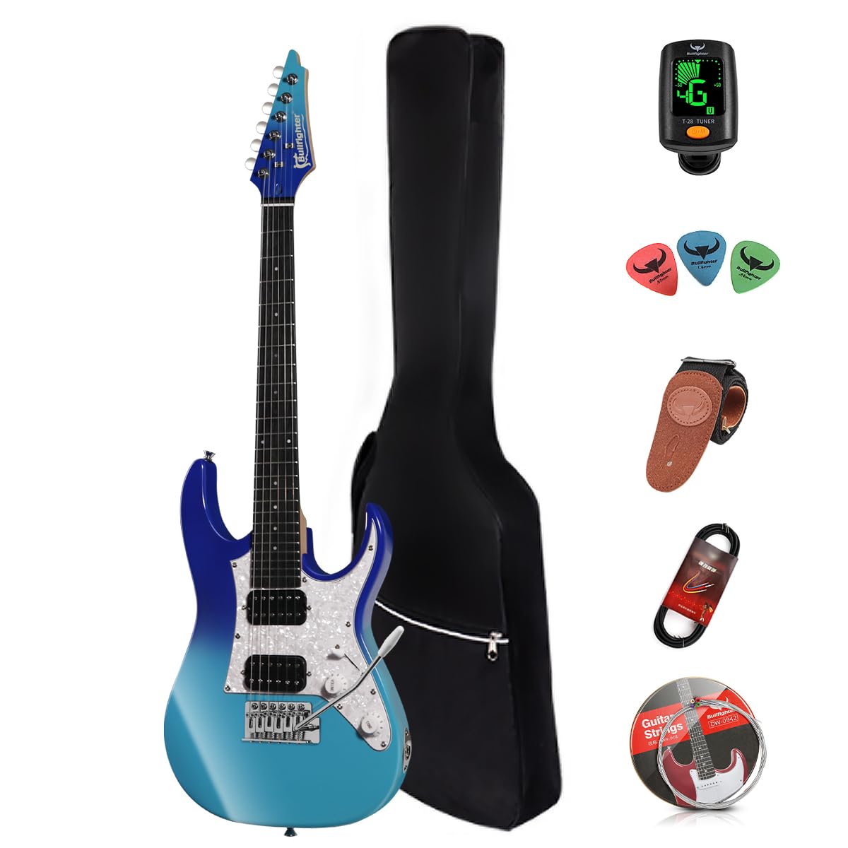 

Электрогитара Bullfighter для начинающих ST Style Mini для мальчиков, включает запасные части и чехол, 34-дюймовая детская гитара, комплект, для девочек, медиатор, кабель, ремень,