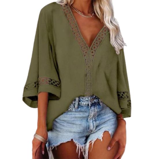 Blouse Solid Color Loose 4 Colors Women Hollow Out Lace Stitching Tops