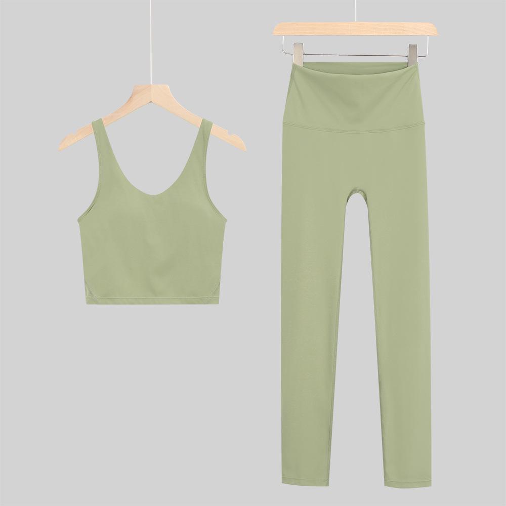 Lulu U-Back Sports Tank & 9-Point Yoga Pants Set with Bare-Feel Push-Up Bra for Women's Fitness
