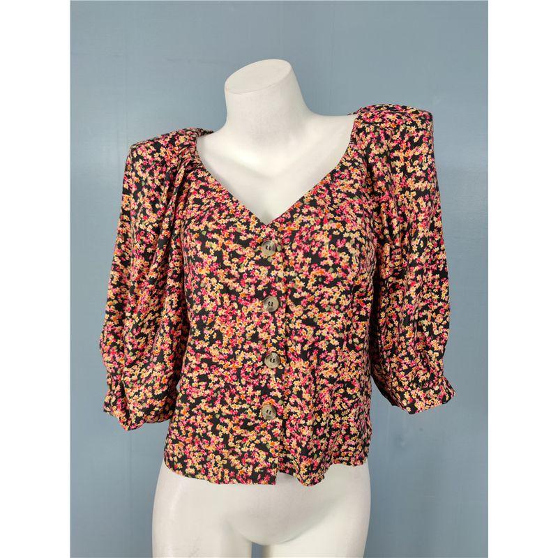 

Foreign Trade Order H Home Exquisite Floral Puff sleeve Button V-neck Design 2025 Autumn New Loose and Comfortable Top Color M