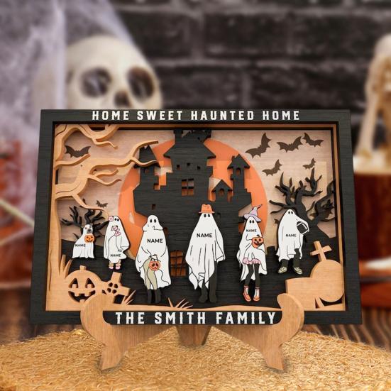 Yousheng Halloween Ghost Family Photo Frame Wooden Tabletop Display Frame with Stand for Farmhouse Home Living Room Bedroom Shelf Decor