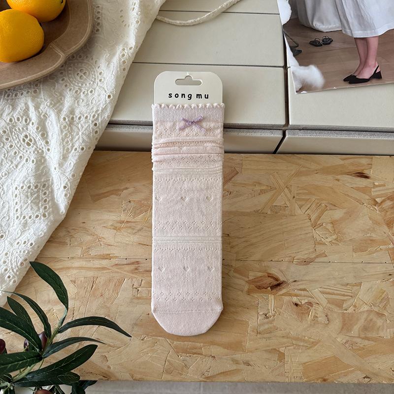 

Женские летние носки-гольфы средней длины из сетки с бантом, дышащие, кружевные, бесшовные 1 pair светло-розовый