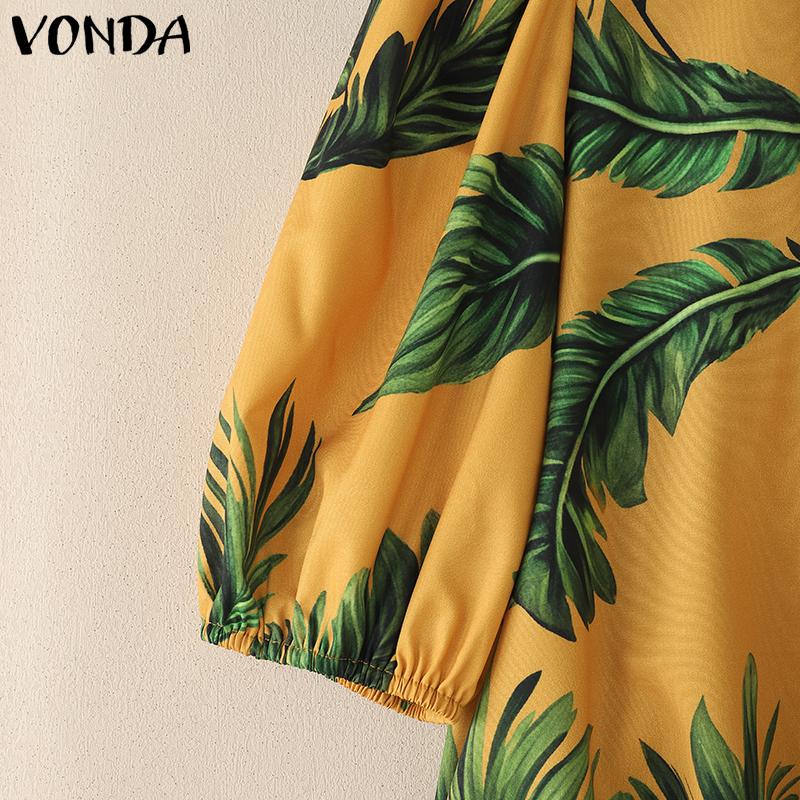 VONDA Sommer Damen Reverskragen Puffärmel Gedrehter Print Hawaiianische Freizeitbluse