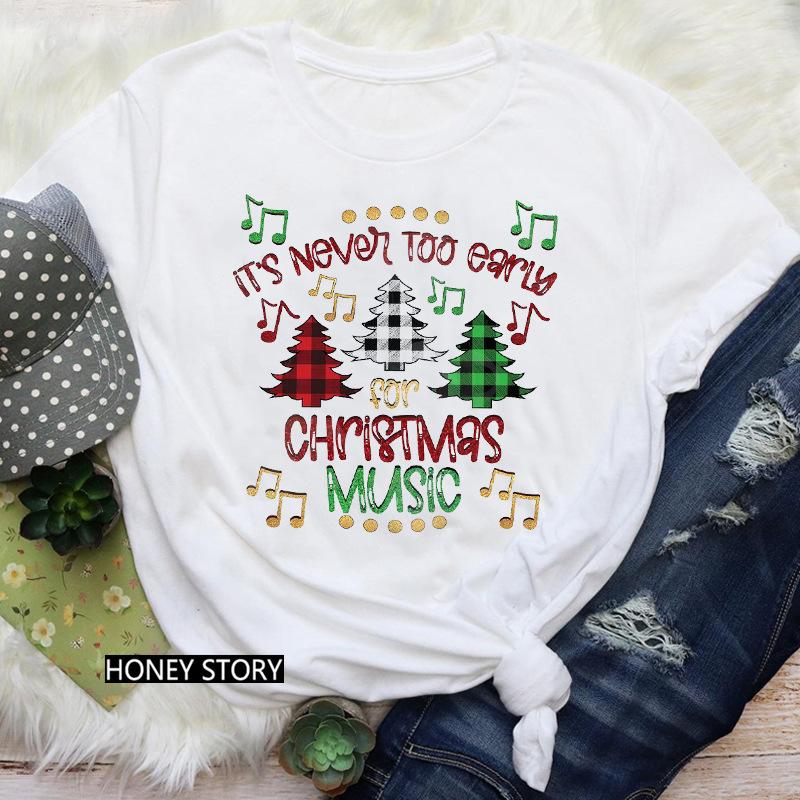 

Kawaii Cartoon Merry Christmas Santa Claus Graphic Women T-Shirt 90S Summer Loose White Short Sleeve O-Neck Ladies Tops Clothing S білий