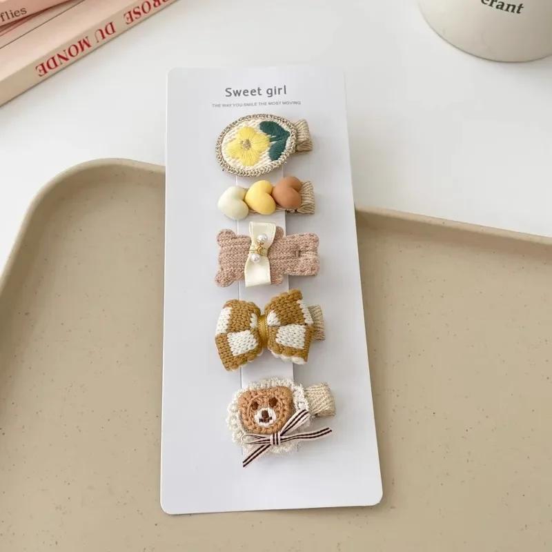 5pcs Sweet Kids Hair Clip Beige Coffee Color Plush Hairpin for BabyToddler Autumn Winter Kawaii Bowknot Headwear for Girls