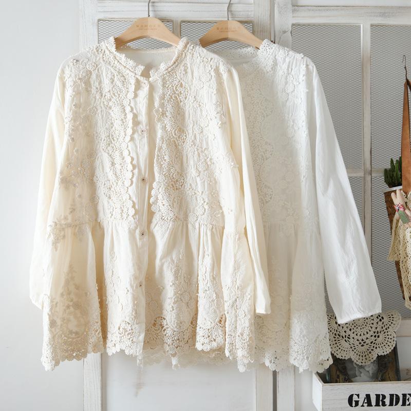 Japanese women's clothing sweet three-dimensional embroidered long-sleeved shirt women's Mori loose doll shirt lace literary top spring