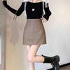 Solid Color PU Leather Skirt with Safety Pants High Waist A-line Skirt Short Mini Skirts  Girls