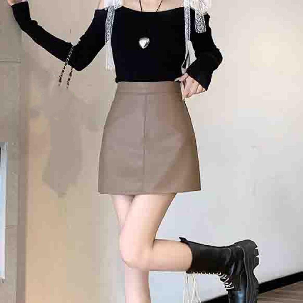 Solid Color PU Leather Skirt with Safety Pants High Waist A-line Skirt Short Mini Skirts  Girls