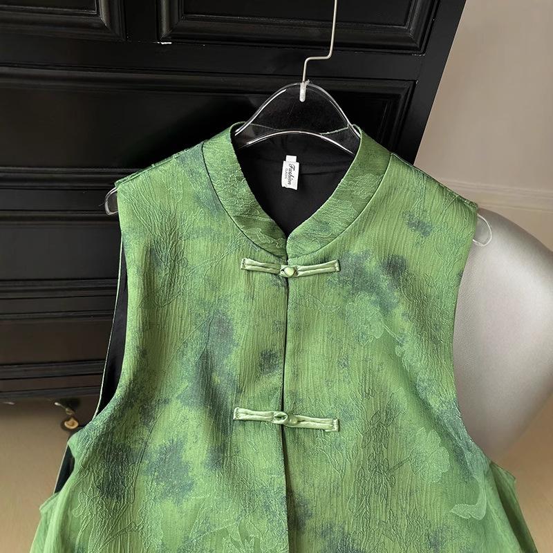 Improved Buckle Jadeite Green Vest Vest Women's Spring High-end Jacquard Vest Vest Top