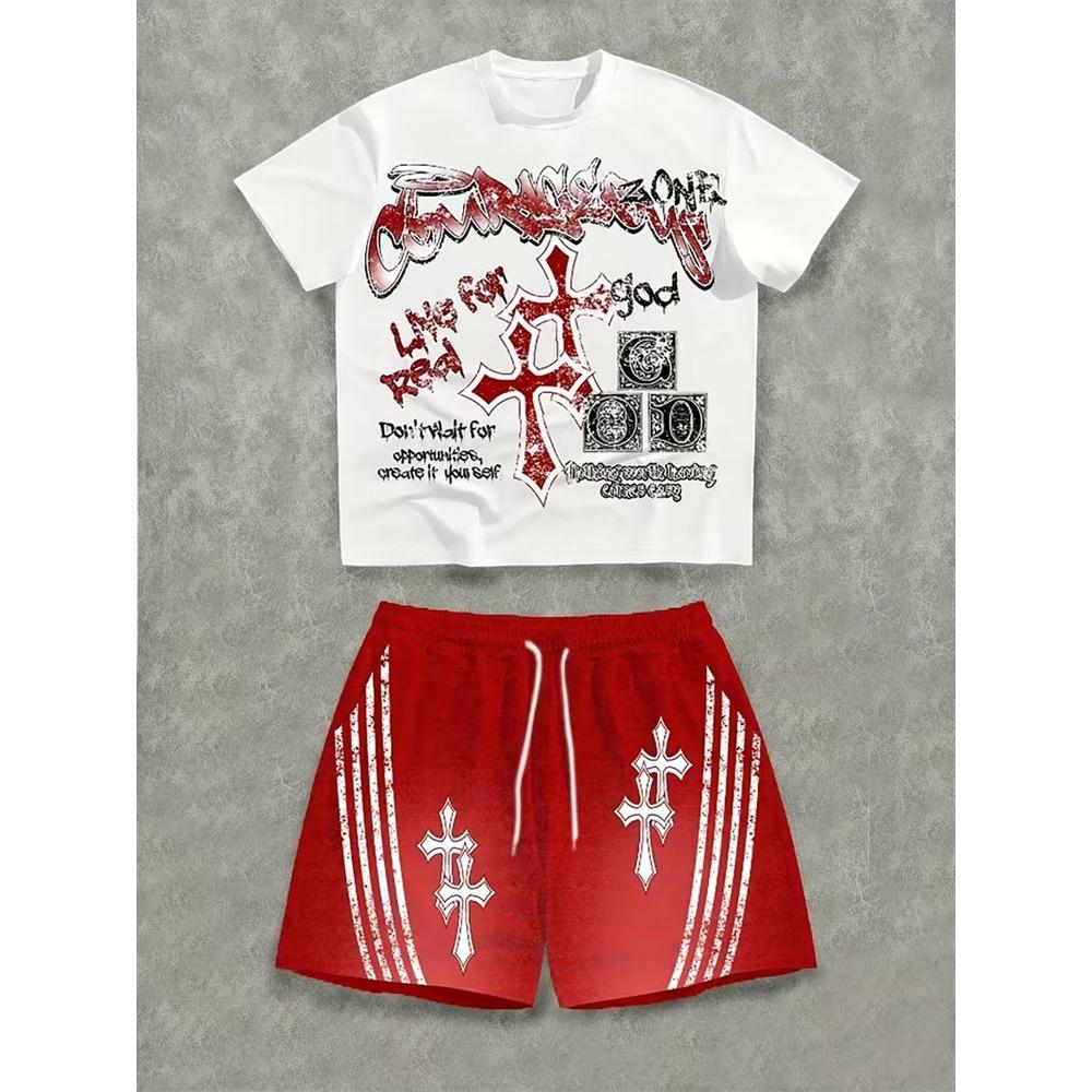 2026 New Spring American Hip-hop Style Men's Round-neck Top And Casual Shorts, Street Fashion Trend Men's Short-sleeved 2pcs Set