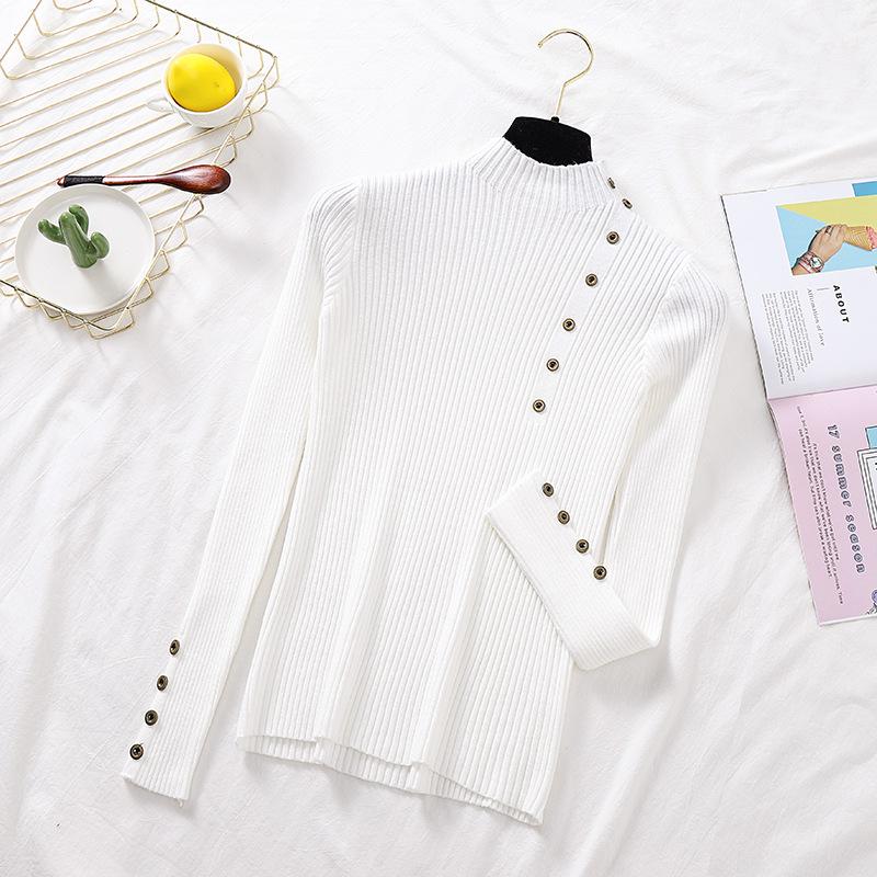 

Женские осенние вязаные тонкие свитера, однотонные вязаные женские хлопковые мягкие эластичные цветные пуловеры на пуговицах, водолазка с длинными рукавами One Size белый