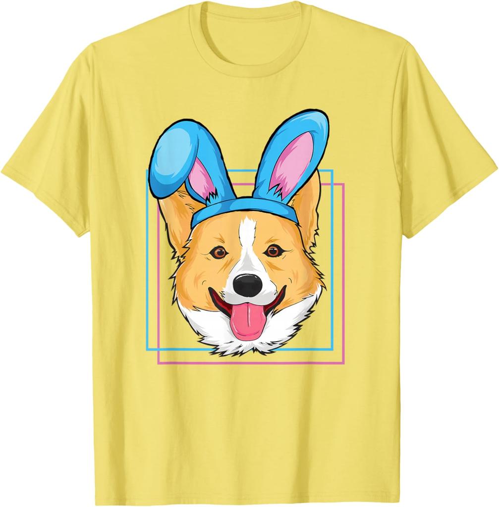 Corgi Wearing Bunny Ears Easter Egg Hunting Dog Lover Graphic T-Shirt Casual Cotton Short Sleeve Tee