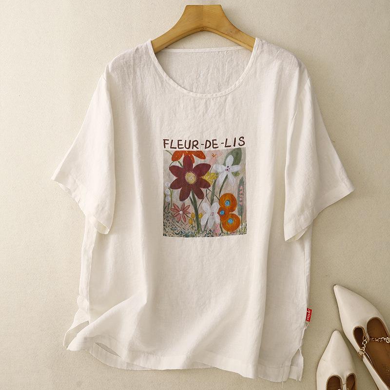 

2025 Women s Summer Korean Style Printed Round Neck Short-Sleeve Loose Plus Size T-Shirt Medium белый