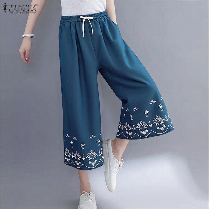 ZANZEA Women Casual Elastic Waist Loose Print Cropped Pants