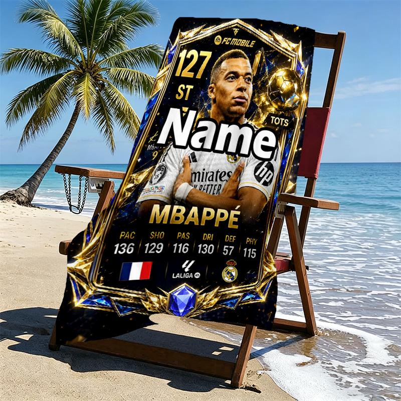 Personalisierbares Strandtuch mit Kylian Mbappe Aufdruck und individuellem Namen, für Reise Camping Strandparty Heimdekoration, Geburtstagsgeschenk für Familie & Freunde