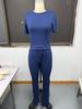Women's Slim Fit Two Piece Outfit Set Short Sleeve Crew Neck Crop Top Drawstring Waist Straight Leg Solid Tracksuit Loungewear