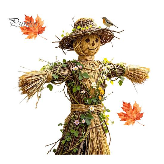 Holiday Party Window Ornament Scarecrow Stickers with Realistic Maple Leaf, Pastoral Decals, Waterproof Farmhouse Fall Decorations PVC Static