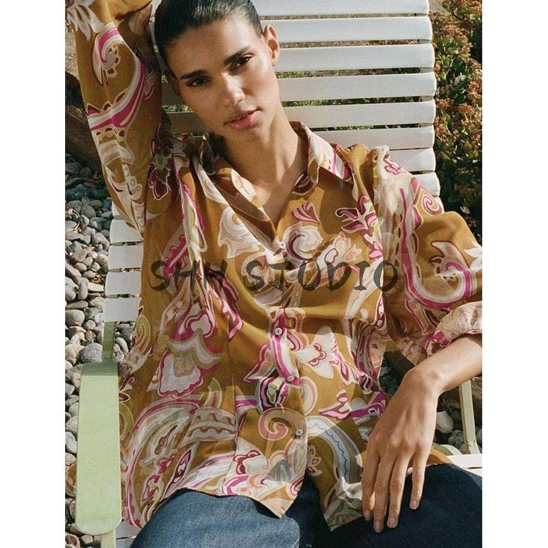 Spring New Women's Clothing French Casual Loose Lapel Long Sleeves Translucent Print Shirt 2502126
