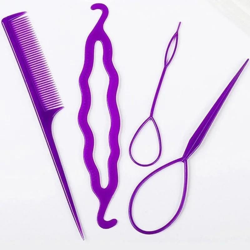 Přenosné 4 ks Nástroje pro úpravu vlasů Nástroj na zaplétání Smyčka Elastické gumičky do vlasů Hřeben s kovovou špičkou Kovová špička Zaplétací hřebeny Nástroje pro úpravu účesu
