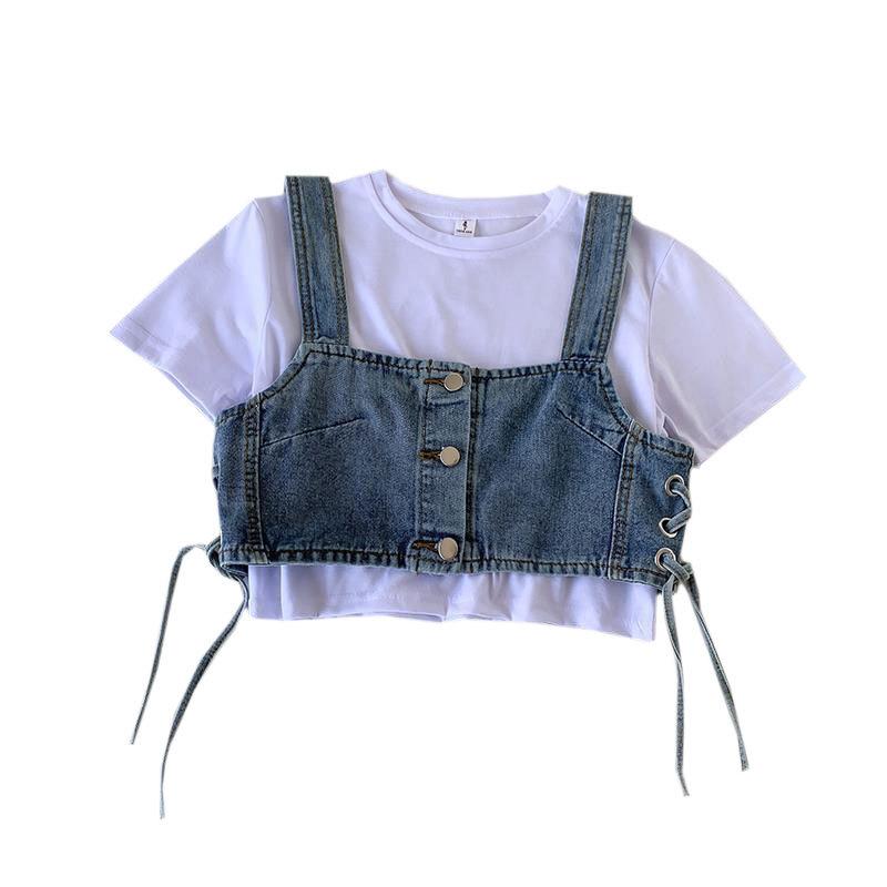 Stylish Vest Elegance Fashion Casual Tie Slim Short Section Outwear Denim Camisole Female Design Single-breasted Stacked Small Undershirt Female