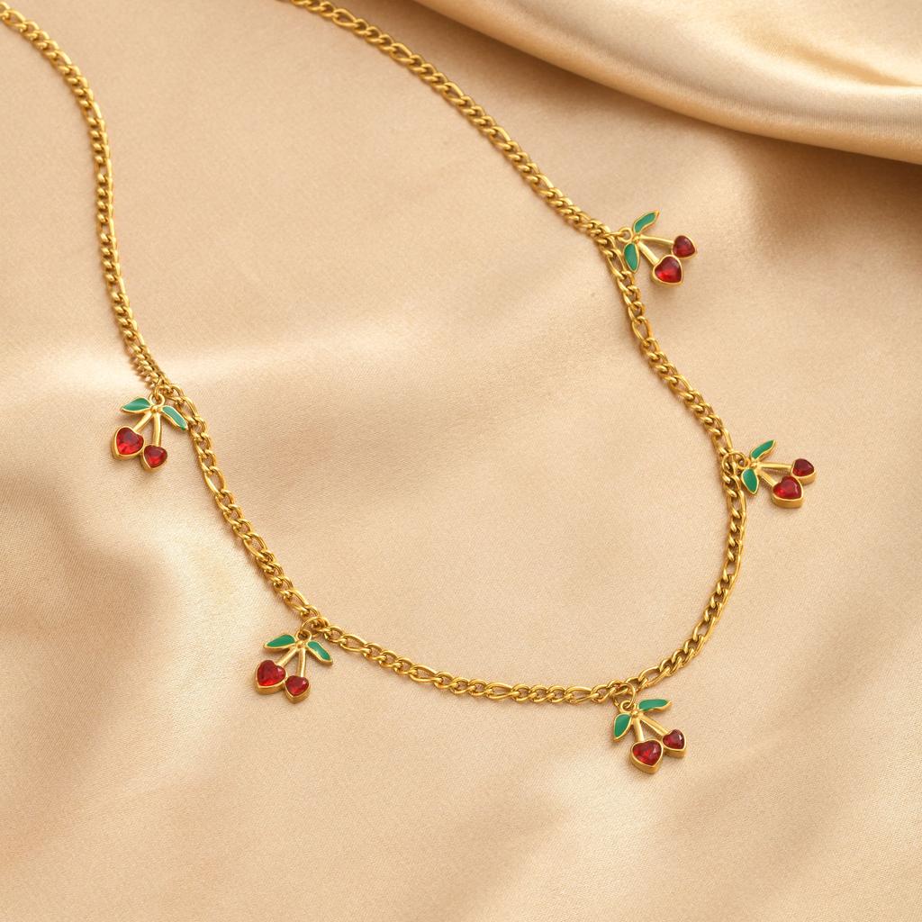 Cherry Necklace Red Zircon Fruit Charm for Women Cuban Chain Stainless Steel 18K Gold Plated Waterproof Summer Beach Y2K Jewelry