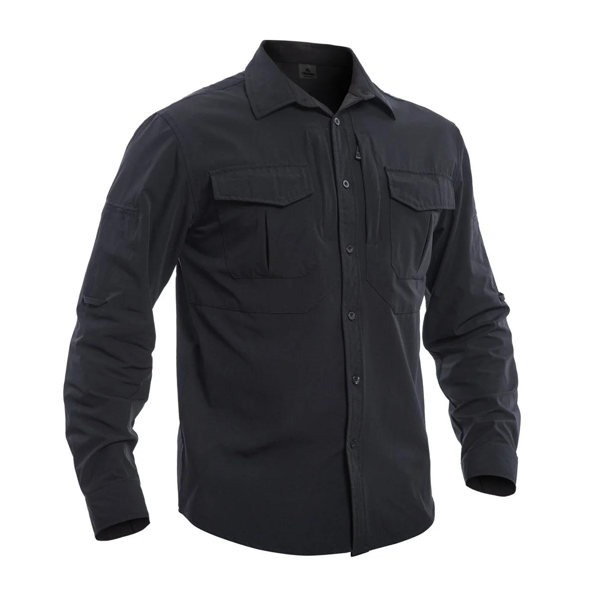 

Elastic Quick Drying Fashion Shirt Men s Multi Pockets Work Clothes Golf Wear Spring Autumn Outdoor Hiking Sports Shirt L чёрный