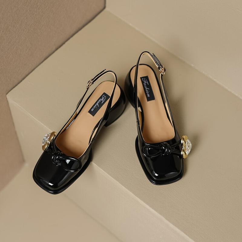Fashion NEW Summer Women Sandals Patent Leather Shoes for Women Square Toe Chunky Heel Shoes Elegant Cover Toe Slingback Heart Sandals