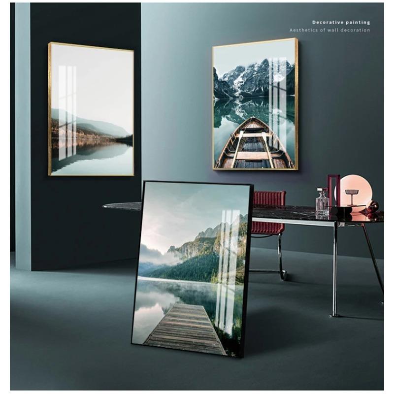 Scandinavian Nature Landscape Wall Art Poster Mountain Lake Boat Print Nordic Painting Decorative Picture Modern Home Decorati