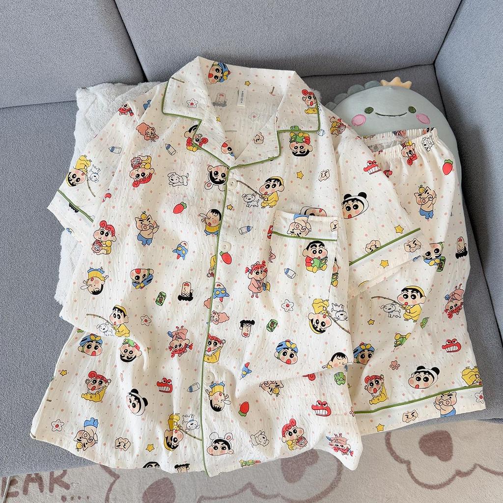 Korean Cloud Cotton Cartoon Couple Pajamas Set - Short Sleeve Cardigan & Shorts