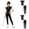 Kids Girls Equestrian Training Set Zip Stand Collar Ruffled Sleeve Contrast Trim Top and Non-slip Full Seat Riding Pants for Competition