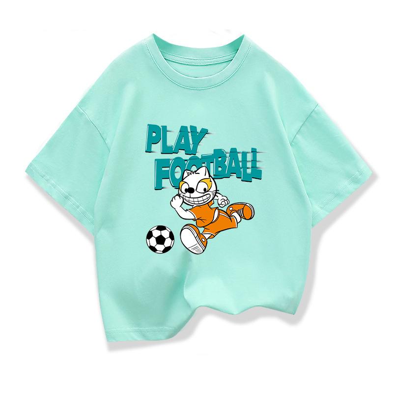 Kids Clothing Short Sleeve t shirts A Cat Playing Football Graphic Fashion Tee Boys Girls Casual Loose Cotton Summer Tee Tops 100