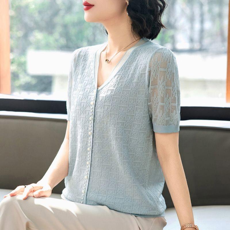 

Women Light Blue V Neck Short Sleeve Knit Cardigan With Lace Openwork And Pearl Buttons L синий