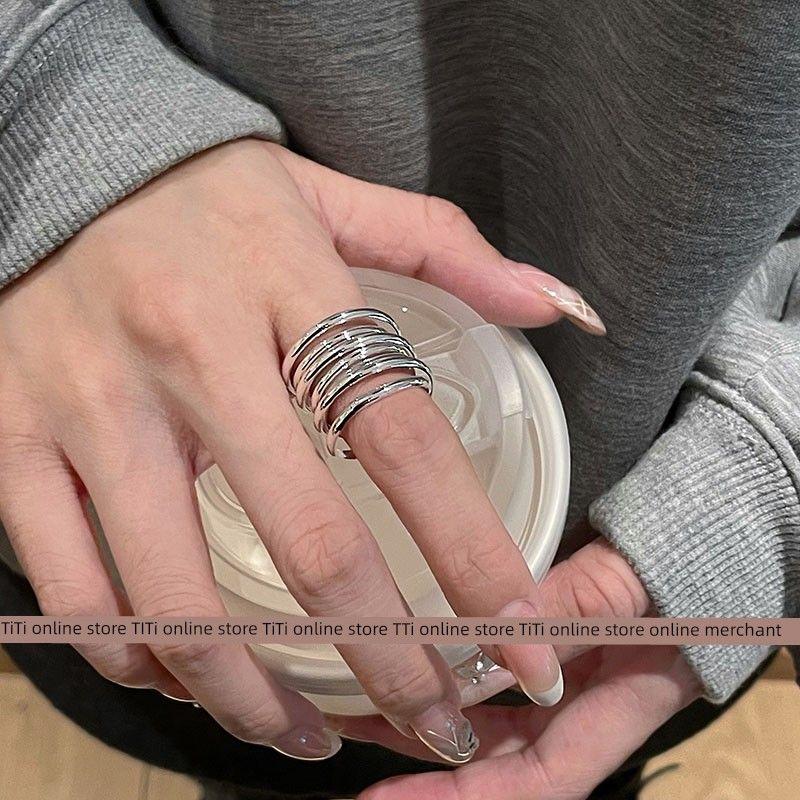 Fashion Minimalist Multi-Layer Coil Winding Open Ring Female Retro Fashion Ins Special-Interest Design Elegant Forefinger Ring Silver Plain Bangle Wrap