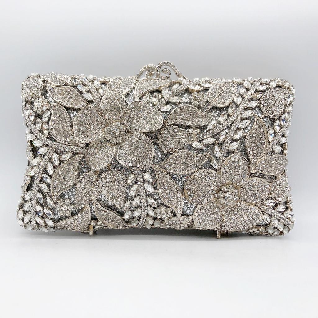 WHTUOHENG-Bolsos de Mano de Noche Florales para Mujer Bolsos de Metal Duro con Cristales Bolso de Mano con Diamantes Bolso de Mano para Fiesta Damas Champagne Plateado