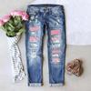 Damen-Jeans mit Rissen, Frühjahr 2025 – Lässige lange Hose mit Printapplikationen