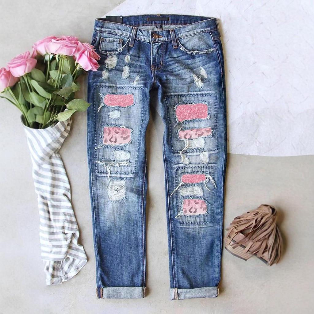 Damen-Jeans mit Rissen, Frühjahr 2025 – Lässige lange Hose mit Printapplikationen