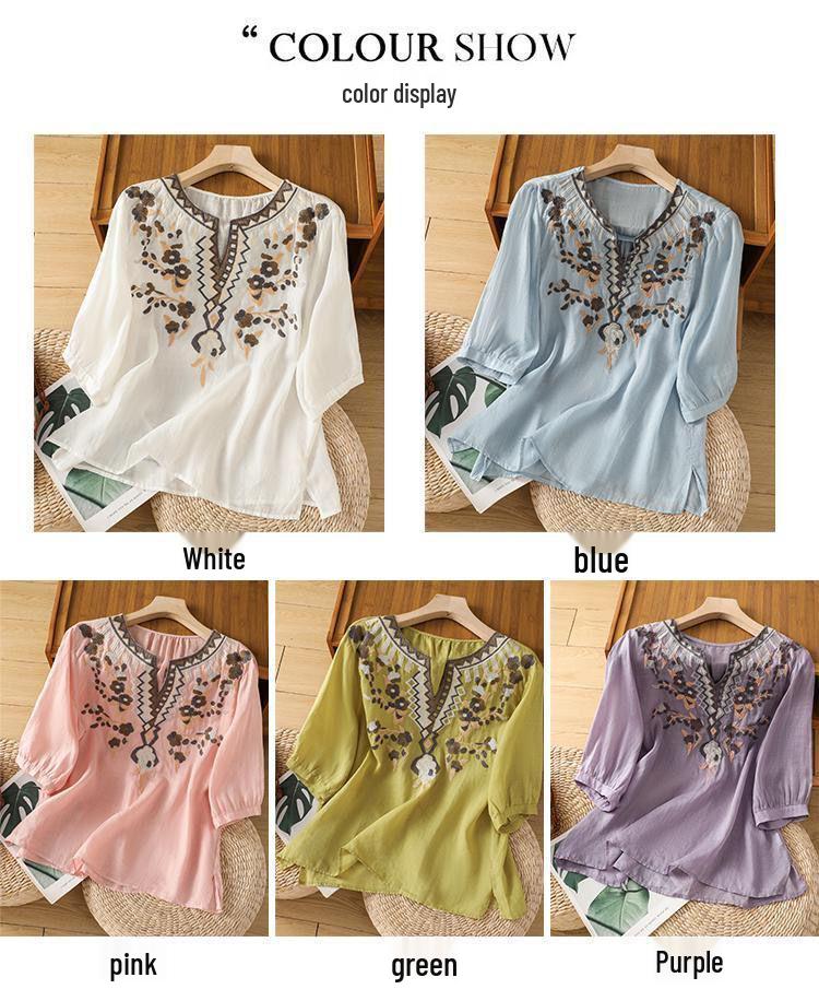 Women's Artistic Embroidered V-Neck Cotton Linen Top - Casual, Loose Fit, Slimming Short Sleeve