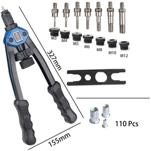 HYCDIYTS Hand Riveter Set, Rivets, Hand Nutter, Rivet Tool, Two-Handed Rivet Tool, Compatible with M3, M4, M5, M6, M8, M10, M12, Etc., Rivet Tool, DIY