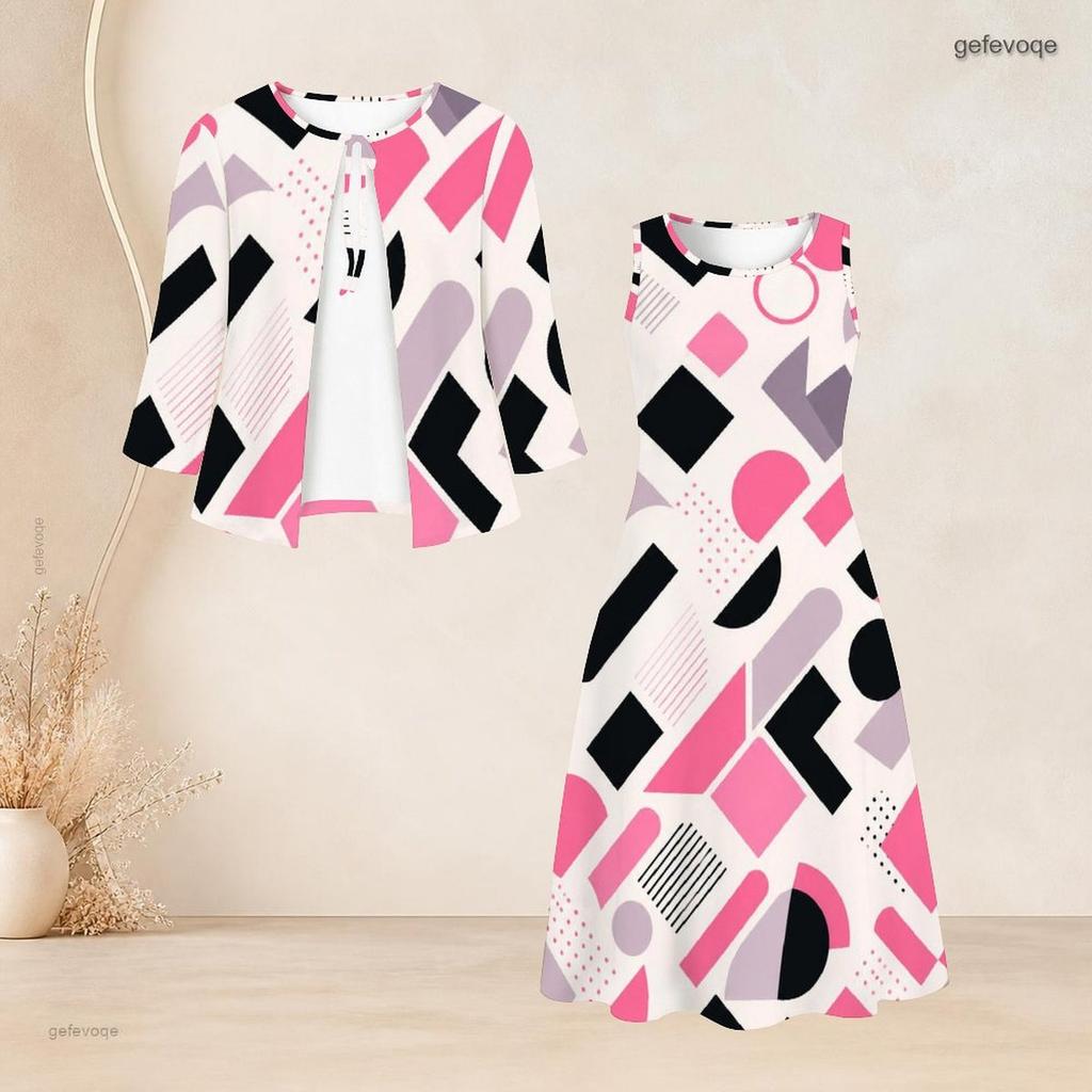 Women Plus Size Abstract Printed Two Piece Dress Set Three Quarter Sleeve Cardigan Sleeveless Long Dress